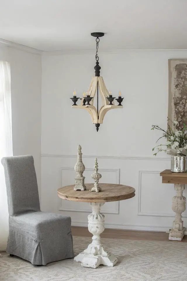 Alt view image 4 of 7 - 6 - Light Wood Chandelier, Hanging Light Fixture with Adjustable Chain for Kitchen Dining Room Foyer Entryway, Bulb Not included