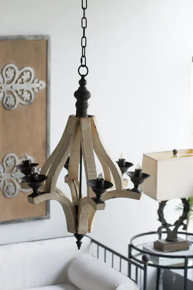 Alt view image 6 of 7 - 6 - Light Wood Chandelier, Hanging Light Fixture with Adjustable Chain for Kitchen Dining Room Foyer Entryway, Bulb Not included