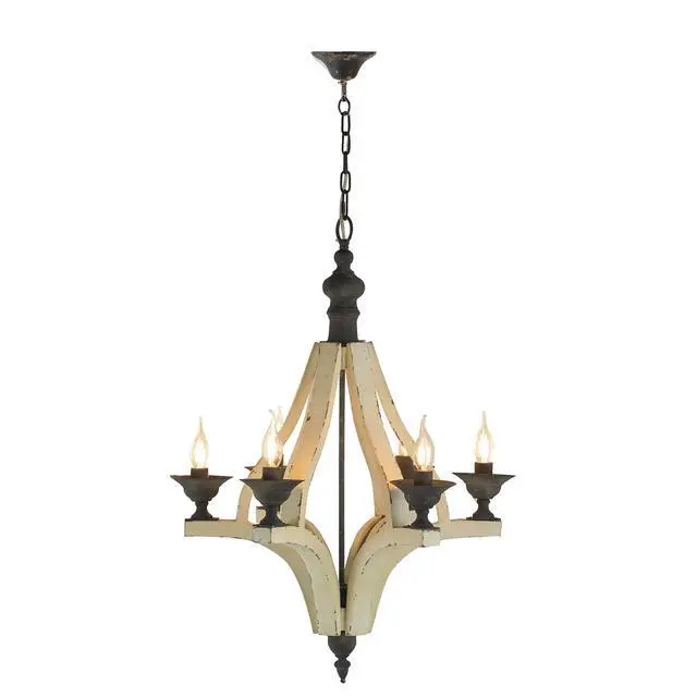 Alt view image 3 of 7 - 6 - Light Wood Chandelier, Hanging Light Fixture with Adjustable Chain for Kitchen Dining Room Foyer Entryway, Bulb Not included