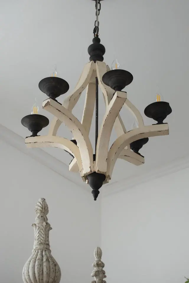Alt view image 7 of 7 - 6 - Light Wood Chandelier, Hanging Light Fixture with Adjustable Chain for Kitchen Dining Room Foyer Entryway, Bulb Not included