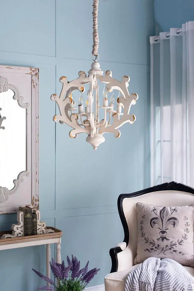 Alt view image 5 of 7 - 6 - Light Wood Chandelier, Hanging Light Fixture with Adjustable Chain for Kitchen Dining Room Foyer Entryway, Bulb Not included