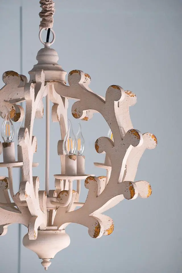 Alt view image 6 of 7 - 6 - Light Wood Chandelier, Hanging Light Fixture with Adjustable Chain for Kitchen Dining Room Foyer Entryway, Bulb Not included