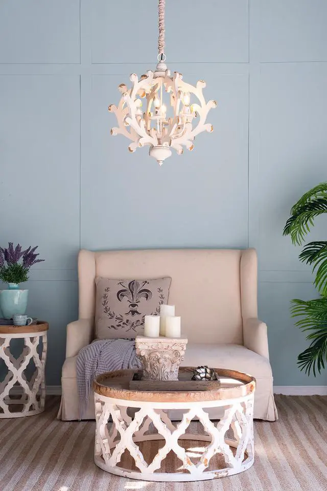 Alt view image 2 of 7 - 6 - Light Wood Chandelier, Hanging Light Fixture with Adjustable Chain for Kitchen Dining Room Foyer Entryway, Bulb Not included
