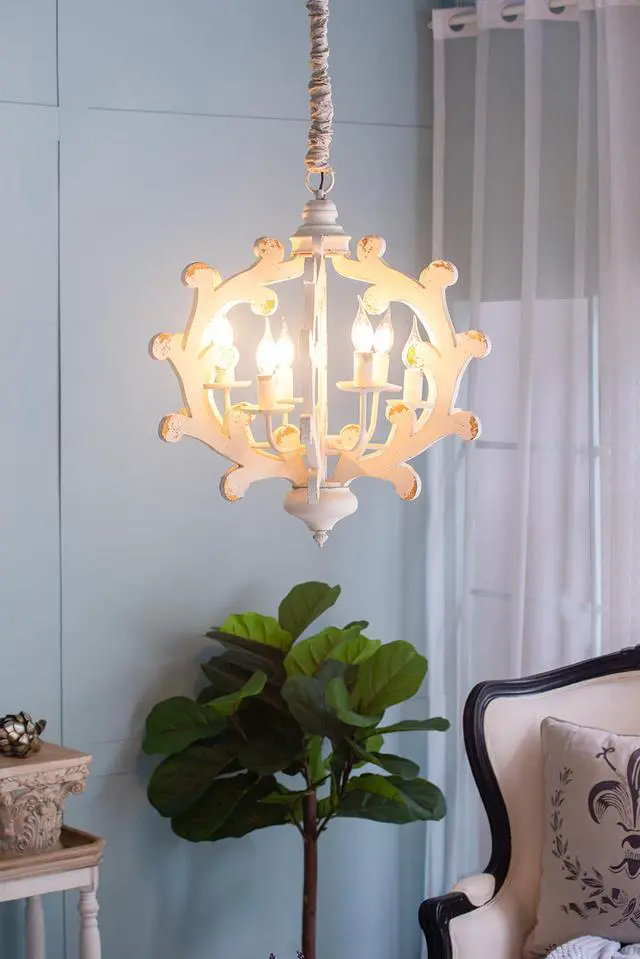 Alt view image 3 of 7 - 6 - Light Wood Chandelier, Hanging Light Fixture with Adjustable Chain for Kitchen Dining Room Foyer Entryway, Bulb Not included