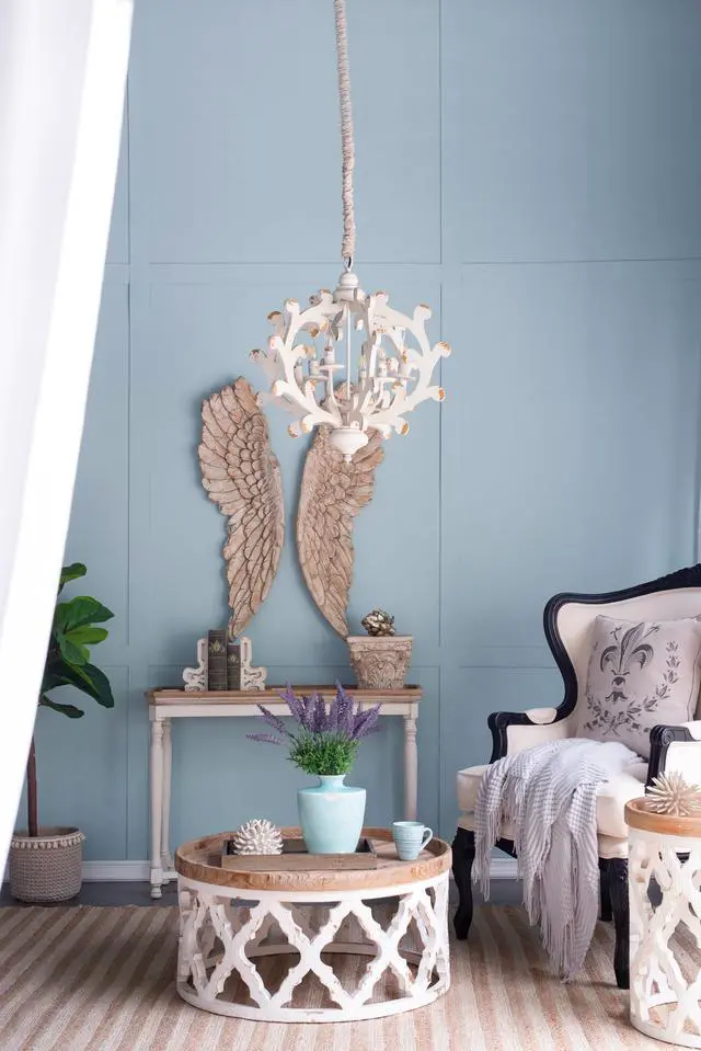 Alt view image 4 of 7 - 6 - Light Wood Chandelier, Hanging Light Fixture with Adjustable Chain for Kitchen Dining Room Foyer Entryway, Bulb Not included