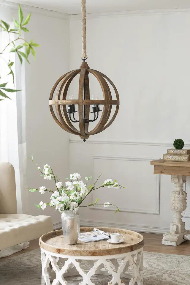 Alt view image 4 of 7 - 4 - Light Wood Chandelier, Hanging Light Fixture with Adjustable Chain for Kitchen Dining Room Foyer Entryway, Bulb Not included