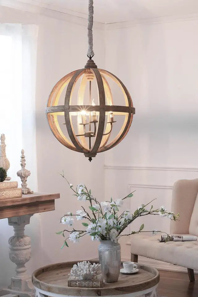 Alt view image 3 of 7 - 4 - Light Wood Chandelier, Hanging Light Fixture with Adjustable Chain for Kitchen Dining Room Foyer Entryway, Bulb Not included