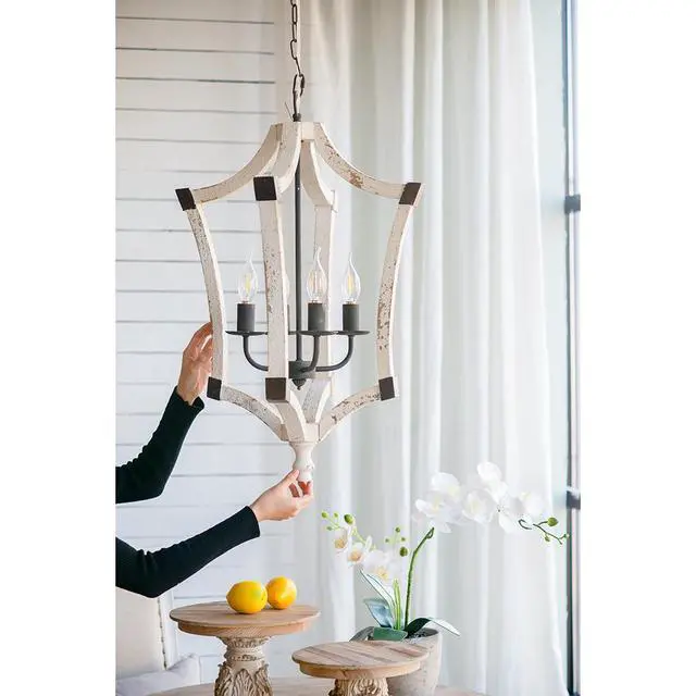 Alt view image 4 of 7 - 4 - Light Wood Chandelier, Hanging Light Fixture with Adjustable Chain for Kitchen Dining Room Foyer Entryway, Bulb Not included