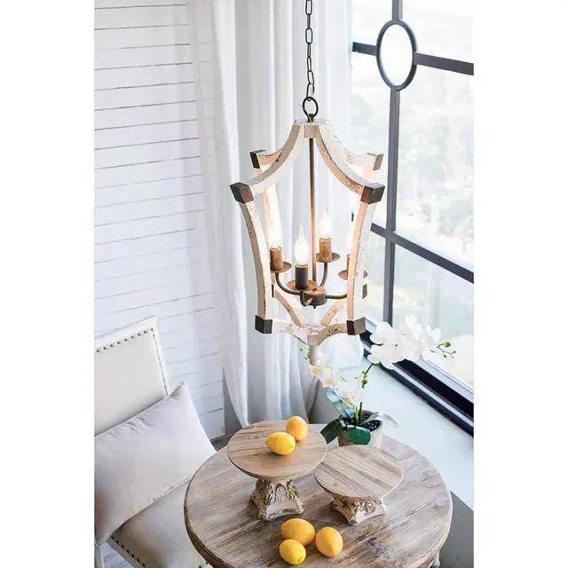 Alt view image 6 of 7 - 4 - Light Wood Chandelier, Hanging Light Fixture with Adjustable Chain for Kitchen Dining Room Foyer Entryway, Bulb Not included
