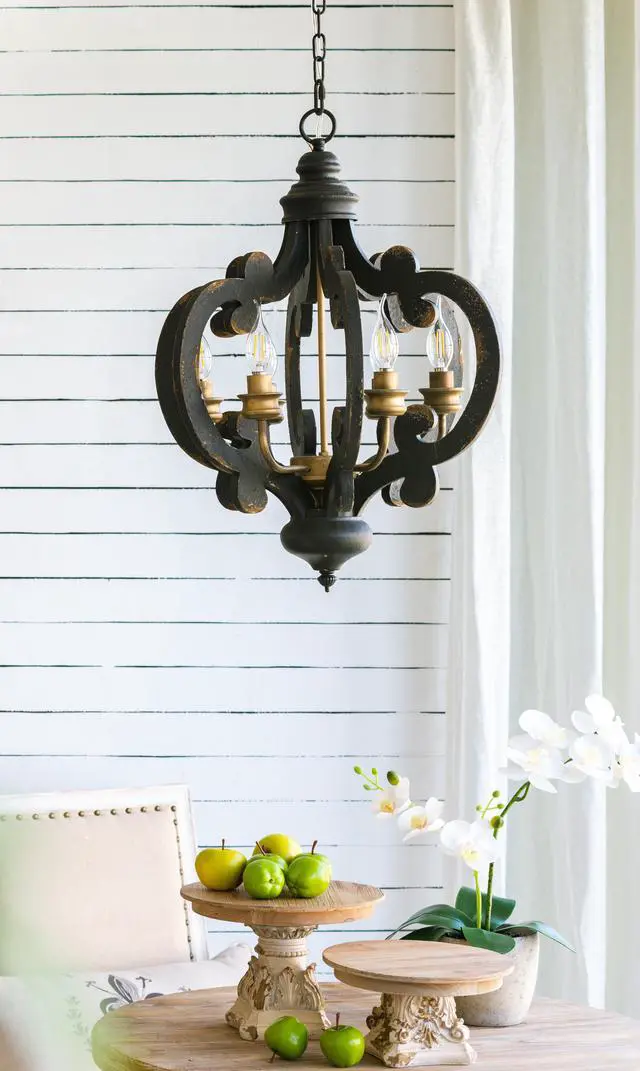Alt view image 3 of 5 - French Country Wood Chandelier, 6-Light Farmhouse Pendant Light Fixture with 28" Adjustable Chain for Kitchen Foyer Hallway, Bulb Not included