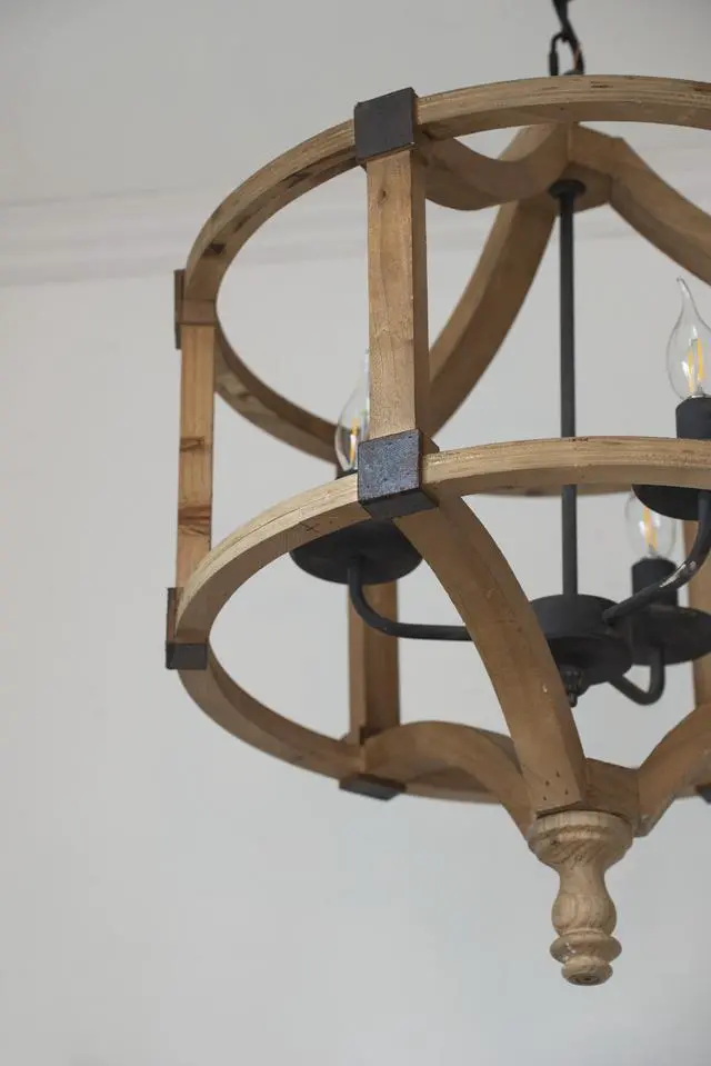 Alt view image 4 of 7 - 3 - Light Wood Drum Chandelier, Hanging Light Fixture with Adjustable Chain for Kitchen Dining Room Foyer Entryway, Bulb Not included