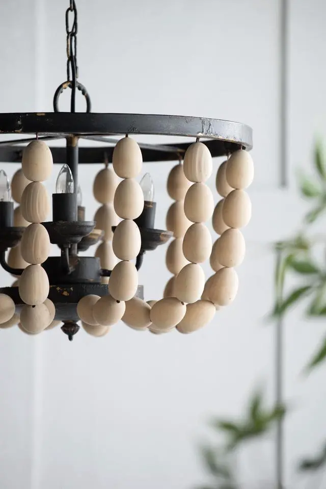 Alt view image 5 of 6 - 4 - Light Wood Chandelier, Hanging Light Fixture with Adjustable Chain for Kitchen Dining Room Foyer Entryway, Bulb Not included