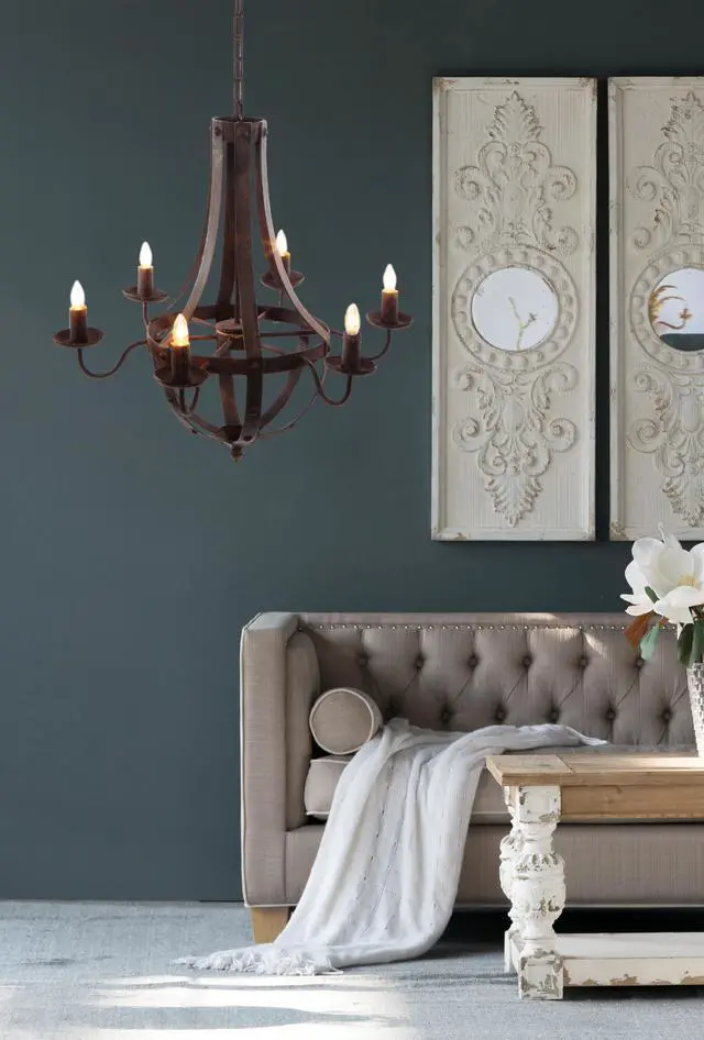 Alt view image 5 of 7 - 6 - Light Metal Chandelier, Hanging Light Fixture with Adjustable Chain for Kitchen Dining Room Foyer Entryway, Bulb Not included