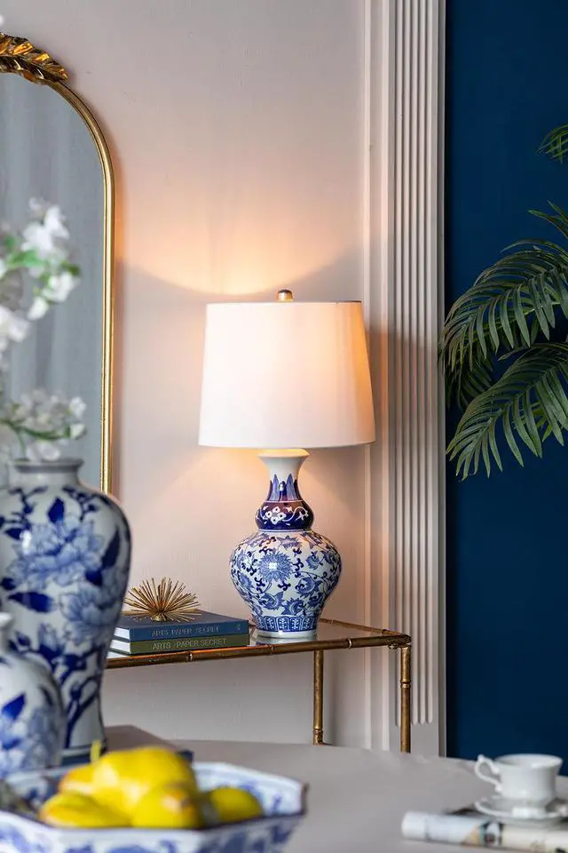 Alt view image 7 of 7 - D14x27.6" Blue and White Round Ceramic Vase Lamp