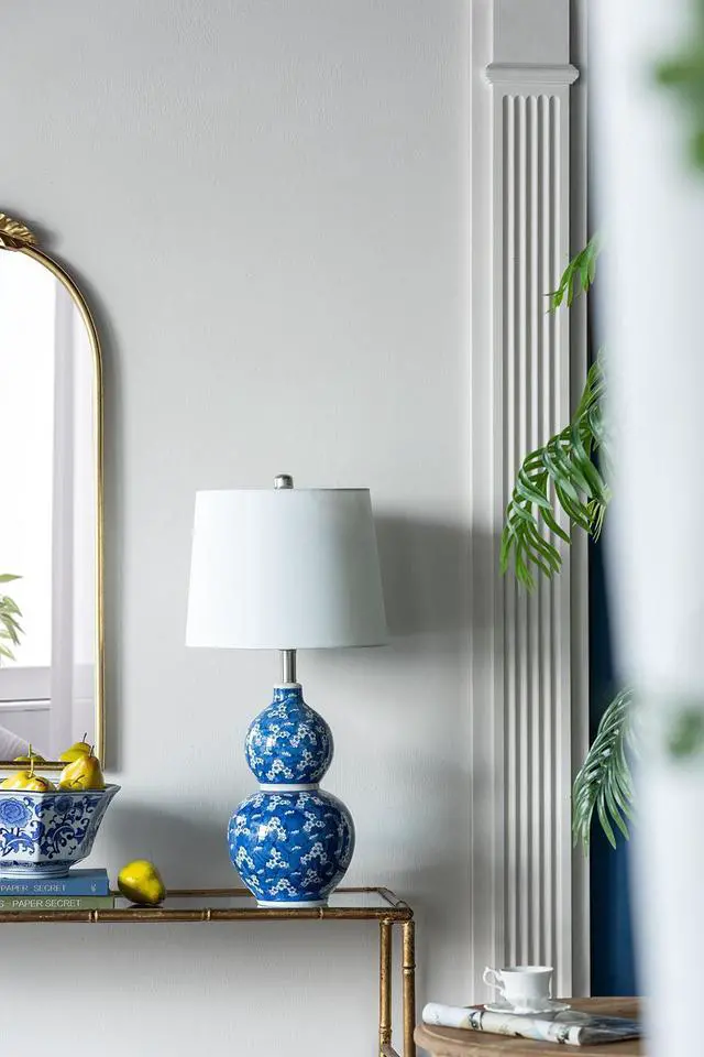 Main image of D13x25.7" Blue and White Round Two-Tiered Ceramic Vase Lamp