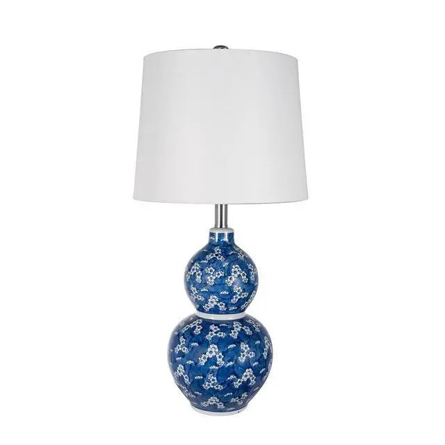 Alt view image 2 of 7 - D13x25.7" Blue and White Round Two-Tiered Ceramic Vase Lamp