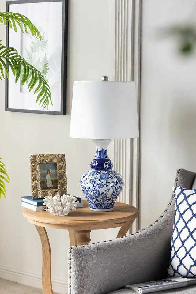 Alt view image 4 of 7 - D14x27.6" Blue and White Round Ceramic Vase Lamp