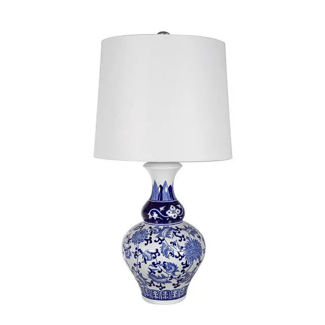 Alt view image 2 of 7 - D14x27.6" Blue and White Round Ceramic Vase Lamp