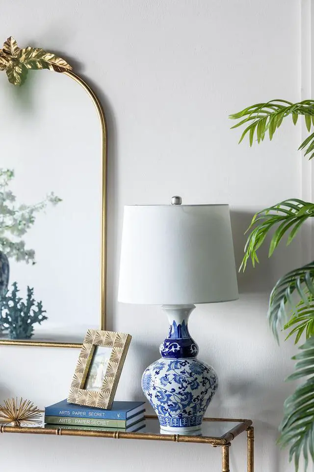 Alt view image 6 of 7 - D14x27.6" Blue and White Round Ceramic Vase Lamp