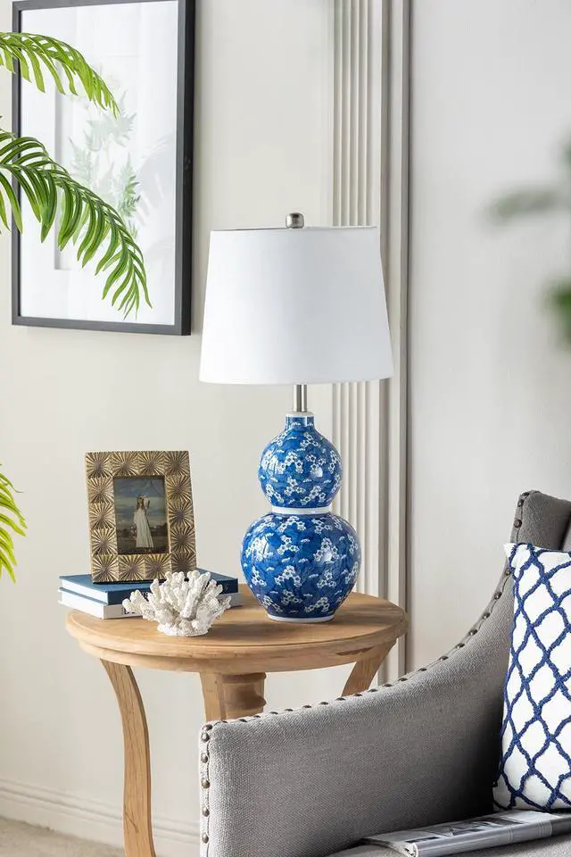 Alt view image 4 of 7 - D13x25.7" Blue and White Round Two-Tiered Ceramic Vase Lamp