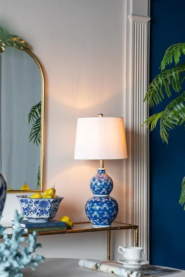 Alt view image 6 of 7 - D13x25.7" Blue and White Round Two-Tiered Ceramic Vase Lamp