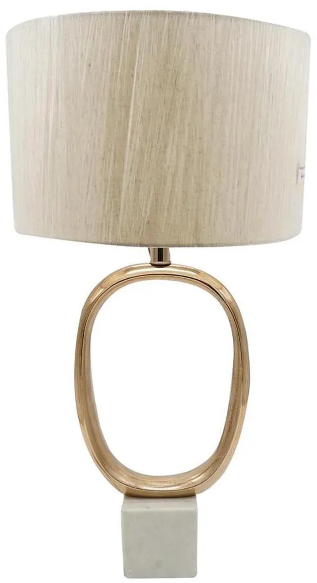 Main image of D14x28.5" Oval Shape Cut Out Metal Table Lamp with Cream Linen Shade