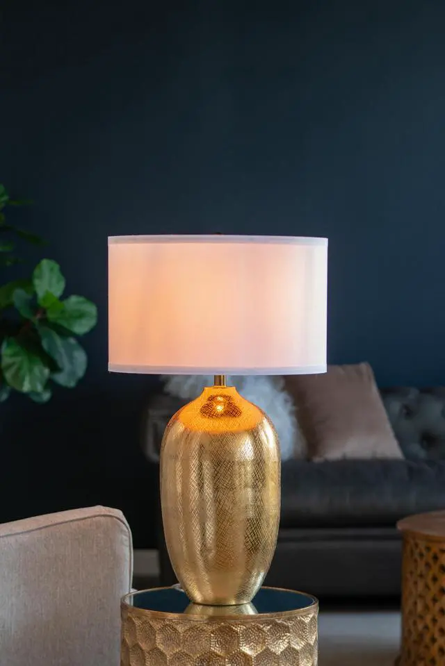 Main image of D18x31" Round Aluminum Sheet Gold Table Lamp with White Fabric Shade(Lamp Shade Assembly Required)