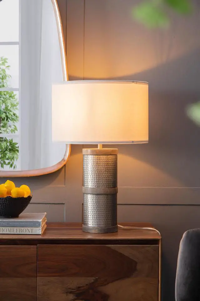 Alt view image 6 of 6 - D16x24.4" Hammered Iron Table Lamp with Mango Wood(Lamp Shade Assembly Required)