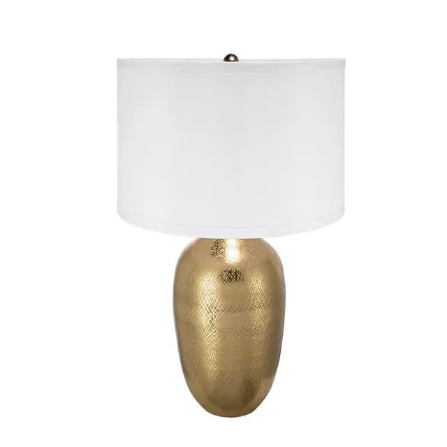 Alt view image 2 of 7 - D15x25.7" Round Aluminum Sheet Gold Table Lamp with White Fabric Shade (Lamp Shade Assembly Required)