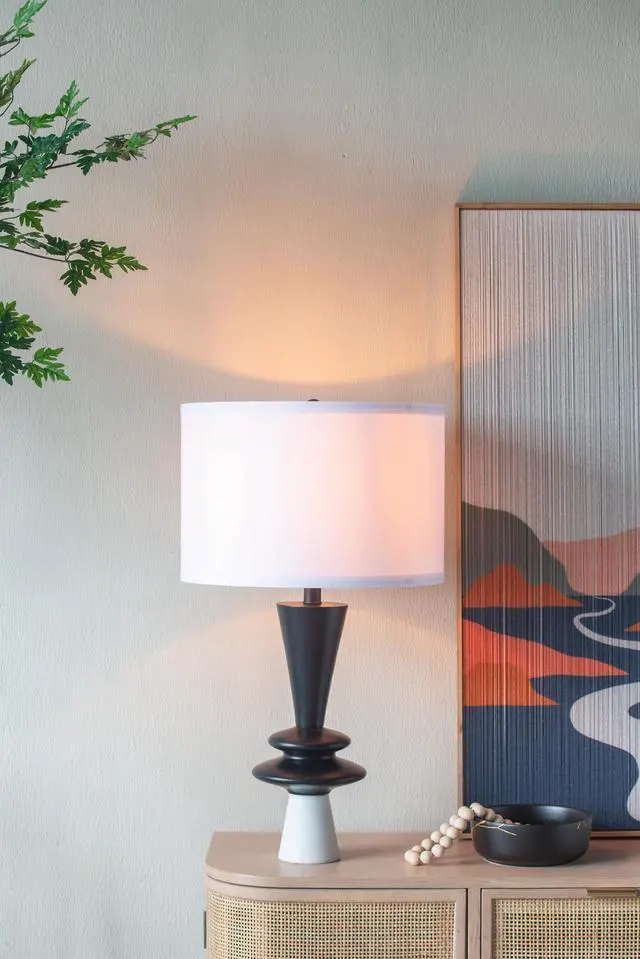 Main image of D15x26.7" Black Aluminum Table Lamp with Two Varying Disc Accents and White Shade(Lamp Shade Assembly Required)