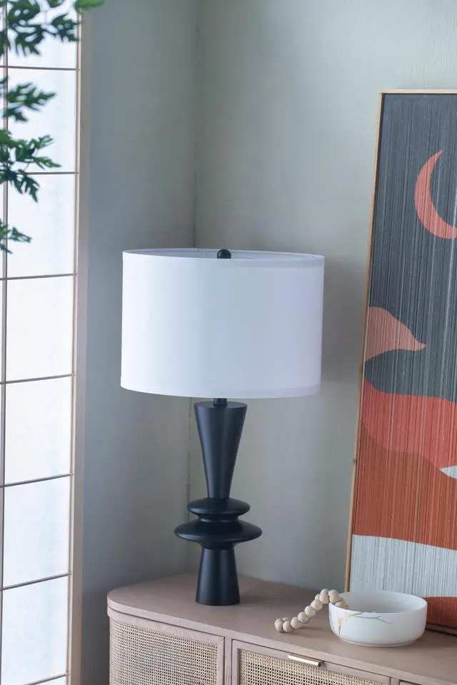 Main image of D15x26.7" Black Aluminum Table Lamp with Two Varying Round Accents and White Drum Shade(Lamp Shade Assembly Required)