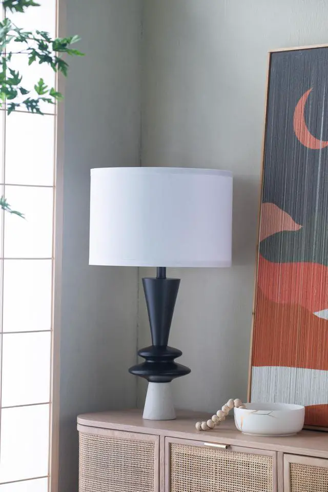 Alt view image 7 of 7 - D15x26.7" Black Aluminum Table Lamp with Two Varying Disc Accents and White Shade(Lamp Shade Assembly Required)