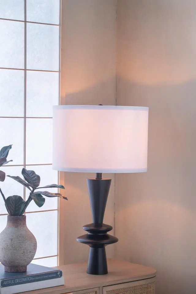 Alt view image 7 of 7 - D15x26.7" Black Aluminum Table Lamp with Two Varying Round Accents and White Drum Shade(Lamp Shade Assembly Required)