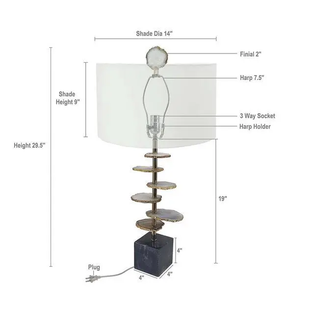 Alt view image 2 of 7 - D14x29.5" Smoke Agate-Slice Table Lamp W/ Marble Base