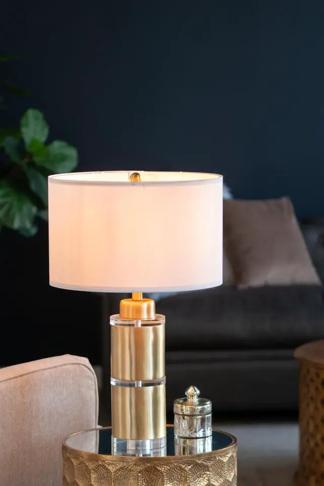 Main image of D15x25.5" Gold and White Cylinder Table Lamp with Drum Shade(Lamp Shade Assembly Required)