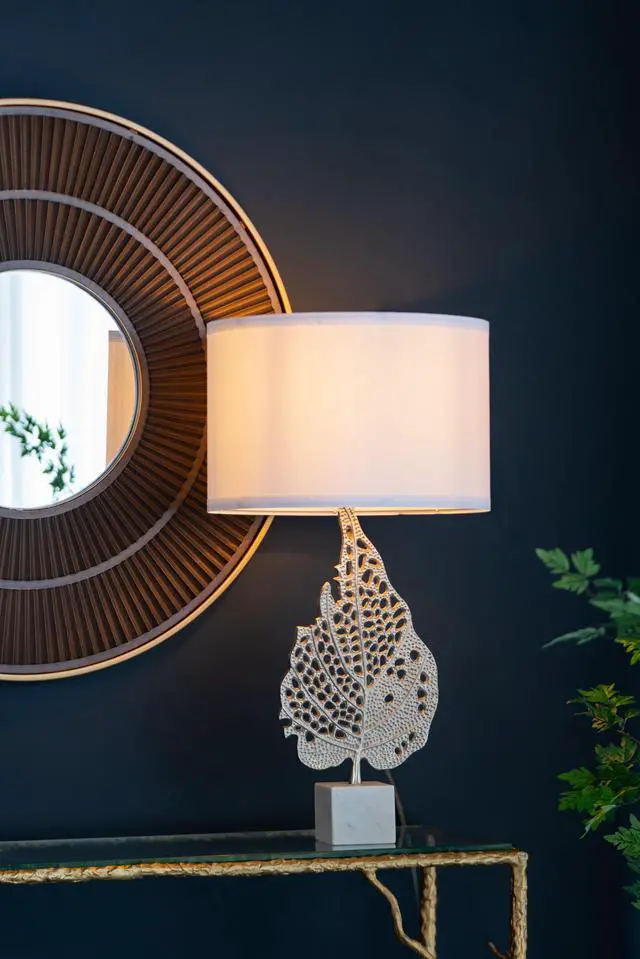 Main image of D15x29.3" White and Silver Leaf Table Lamp with Drum Shade and Marble Base (Lamp Shade Assembly Required)