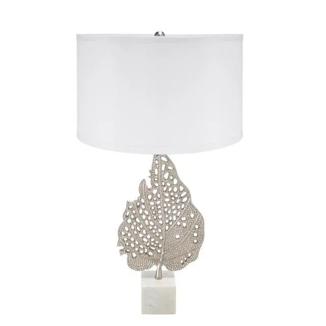 Alt view image 2 of 7 - D15x29.3" White and Silver Leaf Table Lamp with Drum Shade and Marble Base (Lamp Shade Assembly Required)