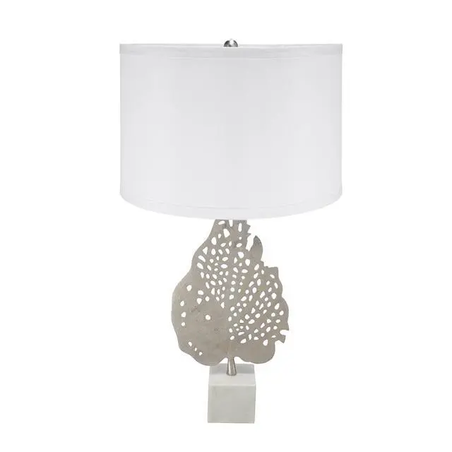 Alt view image 5 of 7 - D15x29.3" White and Silver Leaf Table Lamp with Drum Shade and Marble Base (Lamp Shade Assembly Required)