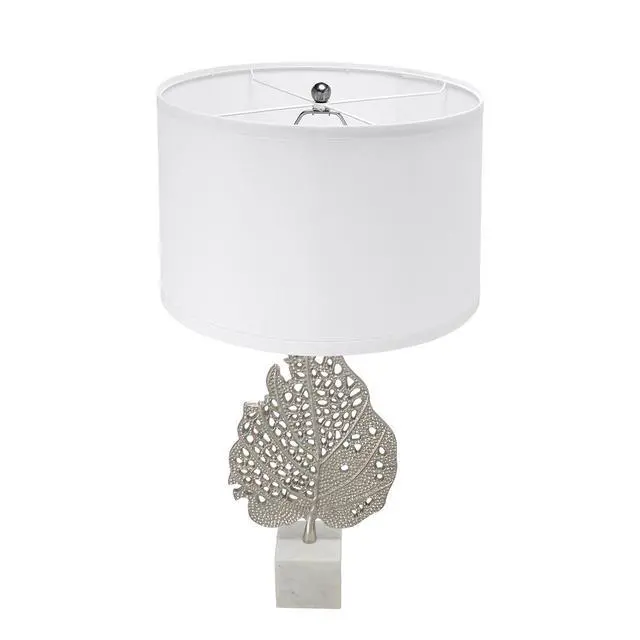 Alt view image 4 of 7 - D15x29.3" White and Silver Leaf Table Lamp with Drum Shade and Marble Base (Lamp Shade Assembly Required)