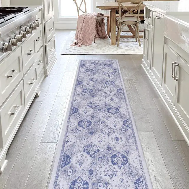 Main image of 2'6''x10' Blue Runner, Washable Rug, Low-Pile, Non-Slip, Non-Shedding, Foldable, Kid & Pet Friendly - Area Rugs for living room, bedroom, kitchen, dining room rug (Blue, 2'6''x10')