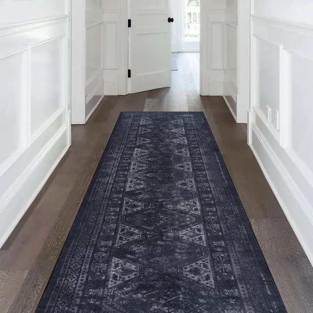 Main image of 2'6''x10' Runner, Washable Rug, Low-Pile, Non-Slip, Non-Shedding, Foldable, Kid & Pet Friendly - Area Rugs for living room, bedroom, kitchen, dining room rug (Black/Gray, 2'6''x10')
