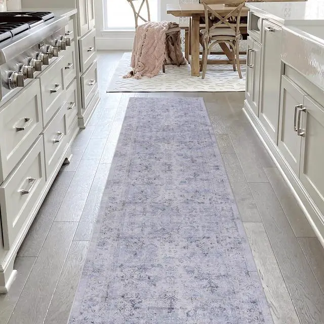 Main image of 2'6''x10' Runner, Washable Rug, Low-Pile, Non-Slip, Non-Shedding, Foldable, Kid & Pet Friendly - Area Rugs for living room, bedroom, kitchen, dining room rug (Blue/Cream, 2'6''x10')
