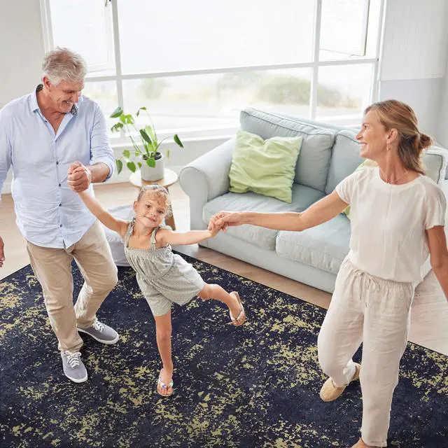 Alt view image 4 of 7 - 8x10 Area Rugs for Washable Rug, Low-Pile, Non-Slip, Non-Shedding, Foldable, Kid & Pet Friendly - Area Rugs for living room, bedroom, kitchen (Black/Gold, 8' x 10')