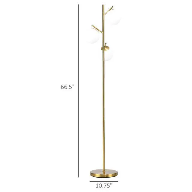 Alt view image 3 of 7 - Homcom 3-Light Modern Floor Lamps for Living Room, Tree Standing Lamp for Bedroom with Globe Lampshade, Steel Base, (Bulb Not included), Gold