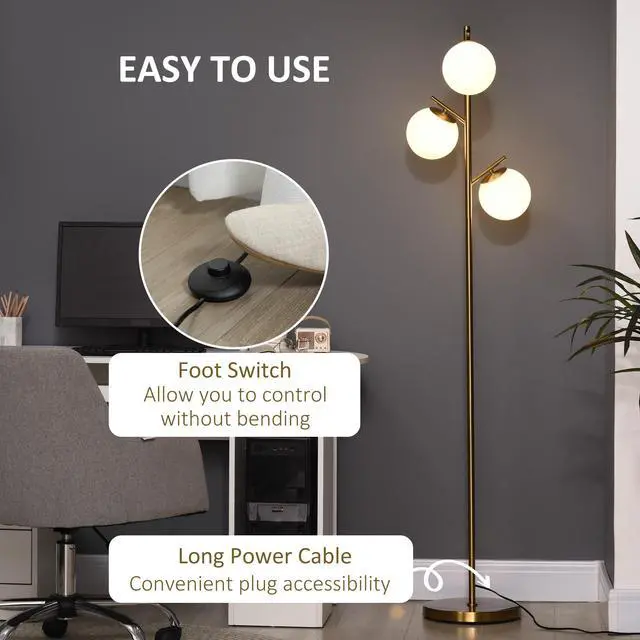 Alt view image 5 of 7 - Homcom 3-Light Modern Floor Lamps for Living Room, Tree Standing Lamp for Bedroom with Globe Lampshade, Steel Base, (Bulb Not included), Gold