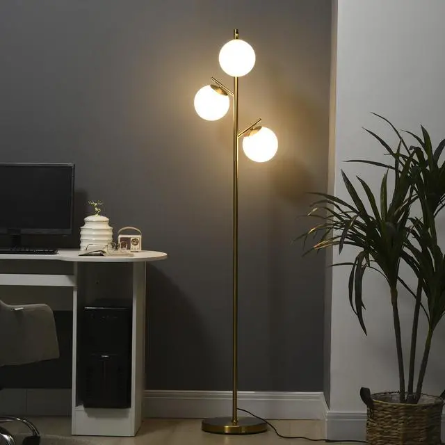 Alt view image 2 of 7 - Homcom 3-Light Modern Floor Lamps for Living Room, Tree Standing Lamp for Bedroom with Globe Lampshade, Steel Base, (Bulb Not included), Gold