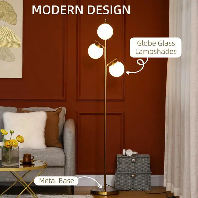 Alt view image 4 of 7 - Homcom 3-Light Modern Floor Lamps for Living Room, Tree Standing Lamp for Bedroom with Globe Lampshade, Steel Base, (Bulb Not included), Gold