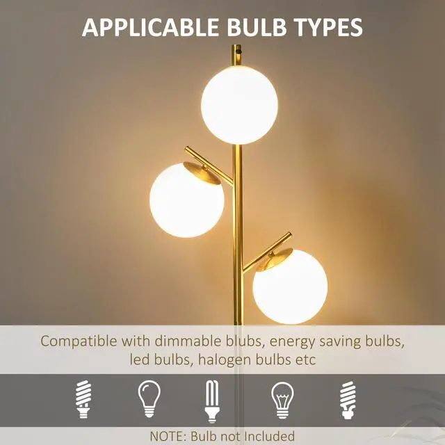 Alt view image 6 of 7 - Homcom 3-Light Modern Floor Lamps for Living Room, Tree Standing Lamp for Bedroom with Globe Lampshade, Steel Base, (Bulb Not included), Gold