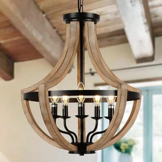 Main image of 19" Farmhouse Chandelier Light Fixtures, 5-Light Dining Room Light Fixtures Over Table, Solid Wood Modern Chandeliers for Dining Room Living Room Kitchen Island Bedroom Foyer, Height Adjustable, Brown