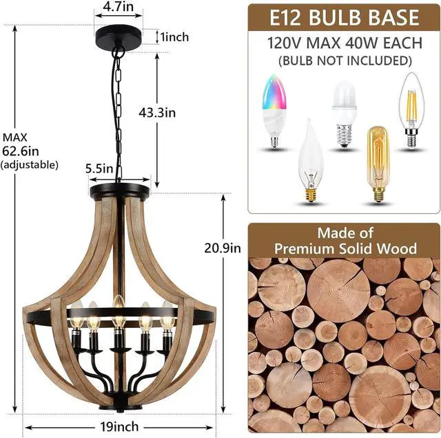 Alt view image 4 of 7 - 19" Farmhouse Chandelier Light Fixtures, 5-Light Dining Room Light Fixtures Over Table, Solid Wood Modern Chandeliers for Dining Room Living Room Kitchen Island Bedroom Foyer, Height Adjustable, Brown
